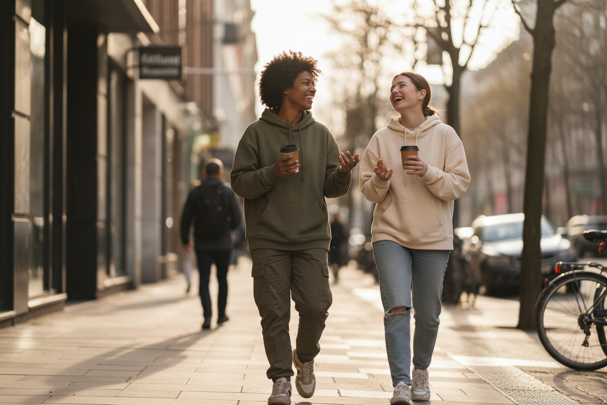 Two people in hoodies walking with coffee